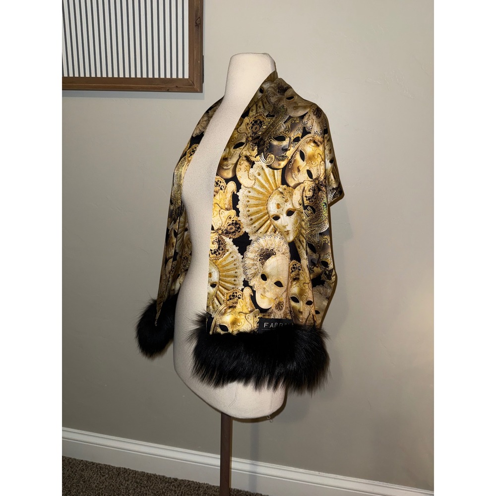 FABBRI Silk Scarf Venetian Mask Fur Trim Luxury Accessory
